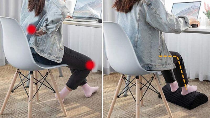 Quem deve usar esse tipo de apoio, Duas imagens de uma mulher trabalhando em home office, uma com os pés apoiados em uma base fixa e a outra sem apoio