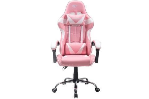 Cadeira gamer branco e rosa com apoio lombar e para cabeça e com rodinhas