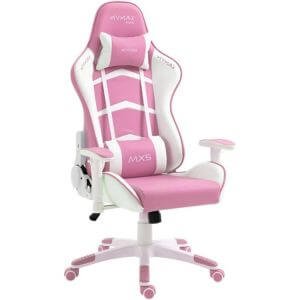 Cadeira gamer rosa e branco, apoio de braços, apoio lombar e rodinhas