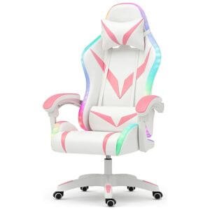 Cadeira Gamer roa e branco com led RGB Python Fly com Iluminação Decorativa, Encosto Reclinável, Design Ergonômico