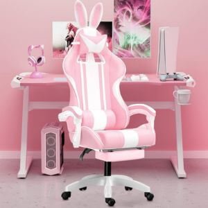 Cadeira gamer fofa com orelhas de coelho, com apoio de pés e apoio de cabeça rosa