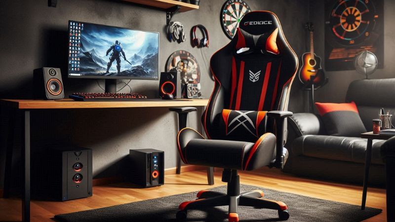 Cadeira gamer confortável para estudar em quarto com mesa para estudo e um computador