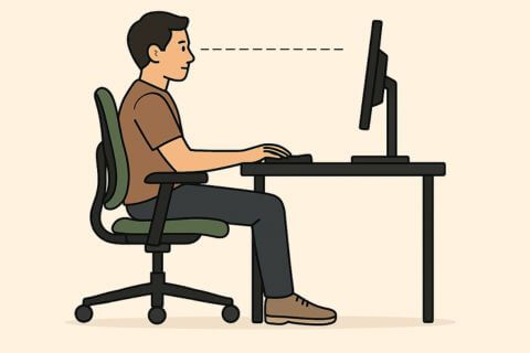 Desenho mostrando como se deve sentar para proteger a coluna