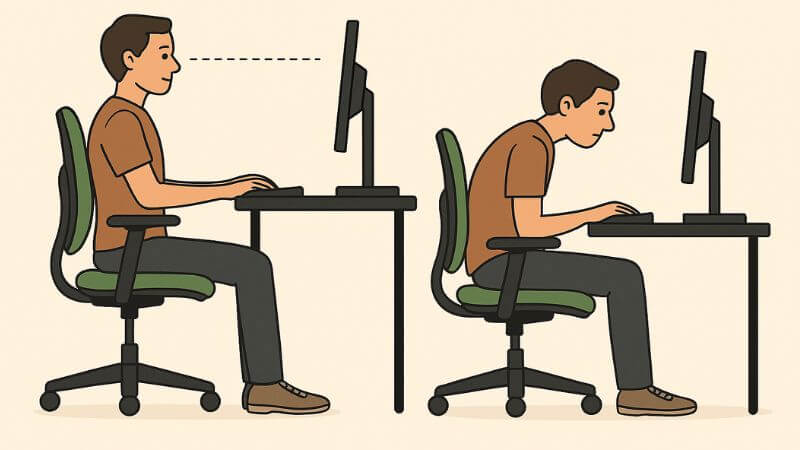 Desenho mostrando como se deve sentar corretamete no computador e como não se deve sentar para proteger a coluna